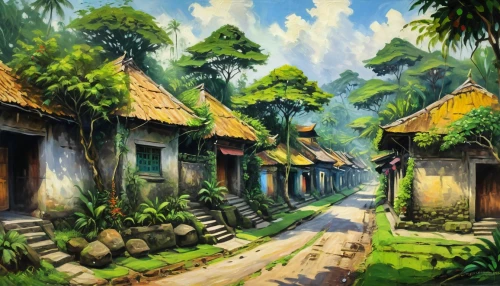 vietnam,kerala,traditional village,village scene,villages,wooden houses,rural landscape,village life,bali,rice terrace,escher village,cottages,kohphangan,village street,khokhloma painting,hanoi,home landscape,huts,nước chấm,fishing village,Art,Artistic Painting,Artistic Painting 04