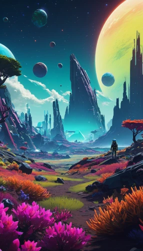 alien planet,mushroom landscape,fantasy landscape,futuristic landscape,alien world,lunar landscape,dune landscape,cosmos field,desert planet,terraforming,planet alien sky,valley of the moon,moon valley,fantasy picture,space art,3d fantasy,virtual landscape,desert landscape,planet,cartoon video game background,Illustration,Japanese style,Japanese Style 14