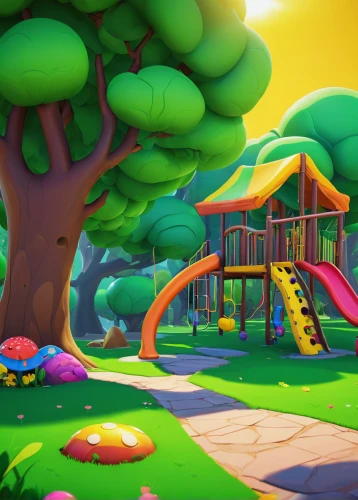 play area,play yard,cartoon video game background,children's background,playground,children's playground,3d render,playset,outdoor play equipment,mini golf course,treehouse,children's playhouse,playground slide,mushroom landscape,fairy village,swing set,summer fair,3d rendered,3d background,cartoon forest,Photography,Documentary Photography,Documentary Photography 34