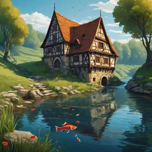 house with lake,fisherman's house,house by the water,boathouse,summer cottage,water mill,cottage,little house,home landscape,world digital painting,boat house,house in mountains,house of the sea,wooden house,ancient house,fantasy landscape,fishing float,floating huts,small house,house in the mountains,Conceptual Art,Fantasy,Fantasy 14