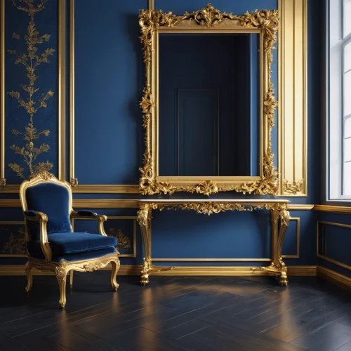 blue room,gold stucco frame,the throne,french digital background,royal blue,danish room,throne,rococo,neoclassical,versailles,four poster,gold lacquer,gold wall,decorative frame,dark blue and gold,napoleon iii style,mazarine blue,baroque,ornate room,blue and white porcelain,Photography,General,Realistic