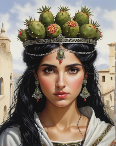 girl in a wreath,headdress,assyrian,crown-of-thorns,crown of thorns,argan tree,artemisia,the hat of the woman,miss circassian,headpiece,mediterranean,medusa,argan trees,indian headdress,asian conical hat,spring crown,argan,nopal,peruvian women,lacerta,Conceptual Art,Fantasy,Fantasy 30