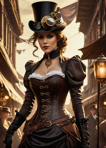 steampunk,victorian lady,steampunk gears,victorian style,black hat,victorian fashion,hatter,the hat-female,the carnival of venice,deadwood,the victorian era,the hat of the woman,barmaid,wild west,gunfighter,victorian,leather hat,top hat,venetia,game illustration,Conceptual Art,Fantasy,Fantasy 06