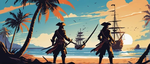 monkey island,south pacific,digital nomads,travel poster,game illustration,pirate treasure,sea scouts,pirates,travelers,polynesia,caravel,island residents,seafaring,slave island,sailboats,sail ship,pirate,sailing ships,palmtrees,straw hats,Illustration,Vector,Vector 01