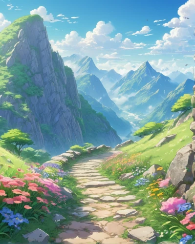 blooming field,springtime background,landscape background,spring background,flower field,meteora,background with stones,mountain scene,the valley of flowers,alpine crossing,mountain landscape,field of flowers,mountain meadow,hiking path,high landscape,mount scenery,alpine meadow,violet evergarden,mountainous landscape,summer meadow,Illustration,Japanese style,Japanese Style 02