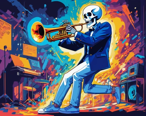 trumpet climber,skeleltt,trumpet player,drawing trumpet,day of the dead skeleton,vintage skeleton,trumpet,skull allover,danse macabre,trumpet-trumpet,calavera,skeletal,trombone player,trumpet gold,saxophone playing man,man with saxophone,calaverita sugar,saxhorn,jazz it up,trumpeter,Art,Artistic Painting,Artistic Painting 42