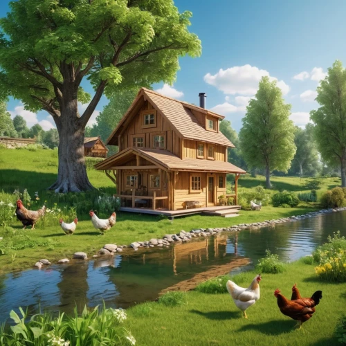 home landscape,farm house,country cottage,country house,wooden house,houses clipart,idyllic,chicken farm,a chicken coop,danish house,beautiful home,summer cottage,house with lake,chicken coop,little house,log home,house in the forest,farm background,traditional house,children's background,Photography,General,Realistic