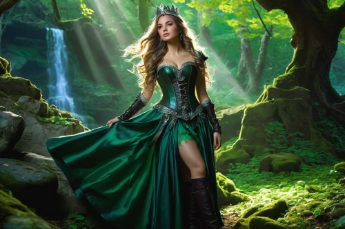 celtic woman,the enchantress,celtic queen,elven forest,fantasy picture,faerie,faery,sorceress,green dress,elven,fairy queen,dryad,green aurora,enchanting,rusalka,emerald,enchanted forest,fantasy art,green mermaid scale,fairy tale character,Illustration,American Style,American Style 09