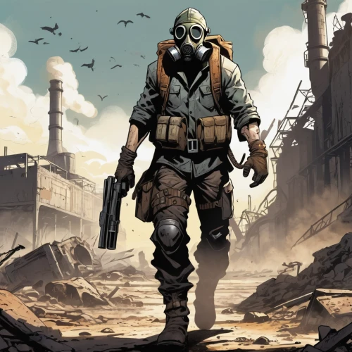 bane,post apocalyptic,wasteland,cleanup,fallout4,gas mask,respirators,respirator,erbore,fallout,mercenary,chemical plant,patrol,mad max,lost in war,post-apocalyptic landscape,crossbones,war correspondent,biohazard,pollution mask,Illustration,American Style,American Style 13