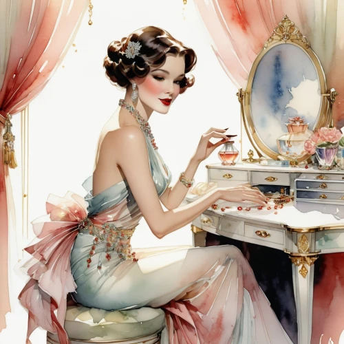 vintage china,fashion illustration,high tea,afternoon tea,art deco woman,vintage illustration,tea service,watercolor pin up,dressmaker,confectioner,confection,dressing table,great gatsby,vintage woman,tea party,vintage makeup,woman holding pie,meticulous painting,twenties women,painted lady,Photography,General,Realistic