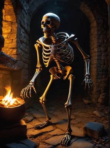 skeleltt,vintage skeleton,skeletal,dwarf cookin,danse macabre,flickering flame,bowl bones,vanitas,skeleton,skeletons,human skeleton,dance of death,bone,day of the dead skeleton,soup bones,blacksmith,skull bones,candlemaker,roasted garlic,fireplaces,Illustration,Realistic Fantasy,Realistic Fantasy 32