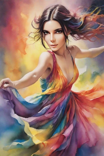 bjork,mystical portrait of a girl,girl in a long dress,little girl in wind,watercolor women accessory,fantasy art,art painting,twirling,world digital painting,femininity,oil painting on canvas,dance with canvases,whirling,fantasy portrait,the festival of colors,gracefulness,colorful background,flamenco,boho art,photo painting,Digital Art,Watercolor