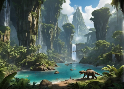 karst landscape,fantasy landscape,futuristic landscape,jungle,tropical jungle,rainforest,rain forest,an island far away landscape,slave island,wasserfall,tropical island,oasis,lagoon,concept art,world digital painting,monkey island,biome,zion,landscape background,imperial shores,Art,Classical Oil Painting,Classical Oil Painting 01