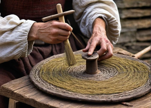 basket weaver,potter's wheel,basket maker,basket weaving,wooden wheel,weaving,wooden spool,hatmaking,ancient singing bowls,wooden drum,basket fibers,knitting wool,tibetan bowl,stone carving,thatching,hat manufacture,wooden spinning top,hemp rope,woven rope,jute rope,Illustration,Realistic Fantasy,Realistic Fantasy 34