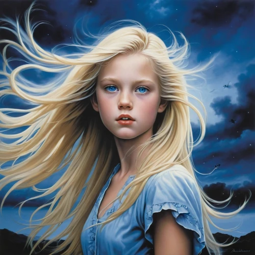 little girl in wind,mystical portrait of a girl,blond girl,portrait of a girl,girl portrait,blonde girl,oil painting on canvas,child portrait,oil painting,blue moon rose,eglantine,child girl,blonde woman,art painting,girl in a long,young woman,selanee henderon,fantasy portrait,blue painting,fantasy art,Conceptual Art,Fantasy,Fantasy 29