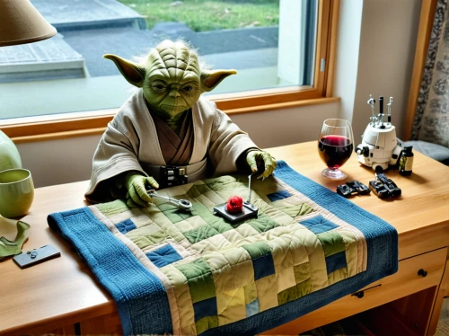 yoda,tabletop photography,tabletop game,kitchen towel,sew on and sew forth,guest towel,tea zen,towels,knitting laundry,jedi,breakfast table,meeple,tea ceremony,cubes games,quilting,table setting,tabletop,sew,knitting,sewing stitches,Photography,General,Realistic