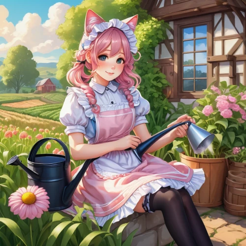 gardening,picking flowers,holding flowers,tea party cat,spring background,calico cat,spring pancake,farm background,springtime background,girl picking flowers,idyllic,maid,watering can,stechnelke,calico,cat's cafe,flower delivery,cheshire,garden shovel,pink cat,Illustration,Retro,Retro 19
