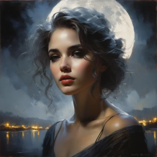romantic portrait,mystical portrait of a girl,moonlit night,moonlit,fantasy portrait,blue moon rose,lady of the night,vampire woman,vampire lady,oil painting,moonbeam,oil painting on canvas,fantasy art,gothic portrait,art painting,moonrise,young woman,moonlight,moon phase,moon shine,Conceptual Art,Oil color,Oil Color 11