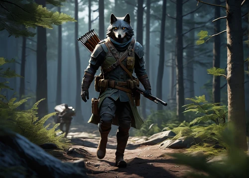 grey fox,the wanderer,south american gray fox,gamekeeper,lone warrior,wolf hunting,adventurer,robin hood,wanderer,huntress,mountain guide,hunter,wander,fox hunting,mercenary,scent hound,hunting scene,european wolf,hunting dogs,patrols,Illustration,Vector,Vector 11