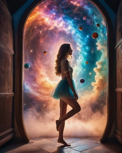 imagination,fantasy picture,inner space,the universe,astronomer,universe,fairy galaxy,3d fantasy,space art,magic mirror,astral traveler,sci fiction illustration,fantasy art,cosmos,planetarium,mystical portrait of a girl,alice in wonderland,wormhole,magical,wonderland,Photography,General,Cinematic