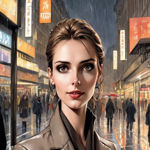 sci fiction illustration,city ​​portrait,world digital painting,game illustration,cigarette girl,mystery book cover,book cover,a pedestrian,girl with speech bubble,girl in a long,the girl's face,detective,ann margarett-hollywood,pedestrian,woman walking,the girl at the station,female doctor,spy,vesper,overcoat,Digital Art,Comic
