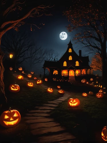halloween scene,halloween background,jack-o-lanterns,jack-o'-lanterns,halloween night,halloween illustration,witch's house,halloween and horror,halloween wallpaper,halloween decoration,jack o'lantern,jack o lantern,halloween,the haunted house,halloween poster,witch house,haunted house,halloween pumpkins,pumpkin lantern,decorative pumpkins,Conceptual Art,Daily,Daily 33