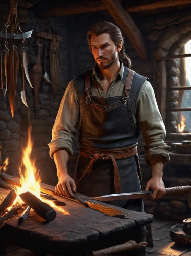 blacksmith,tinsmith,woodsman,campfire,fire master,farrier,forge,a carpenter,smelting,dwarf cookin,male character,bow and arrows,gunsmith,witcher,smouldering torches,candlemaker,mechanic,shepherd's staff,quarterstaff,hand draw arrows,Art,Classical Oil Painting,Classical Oil Painting 27