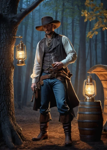 gunfighter,cowboy action shooting,farmer in the woods,man holding gun and light,digital compositing,cowboy mounted shooting,wild west,western riding,visual effect lighting,western,western film,american frontier,country-western dance,moonshine,blacksmith,cowboys,pilgrim,game illustration,winemaker,vendor,Conceptual Art,Fantasy,Fantasy 24