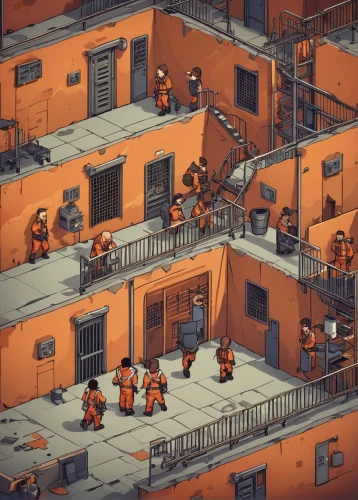 rust-orange,factories,rescue alley,isometric,monks,prison,game illustration,heavy water factory,refinery,orange robes,colony,suburb,factory bricks,gunkanjima,cells,construction workers,retirement home,terracotta tiles,panopticon,sewing factory,Illustration,Children,Children 04