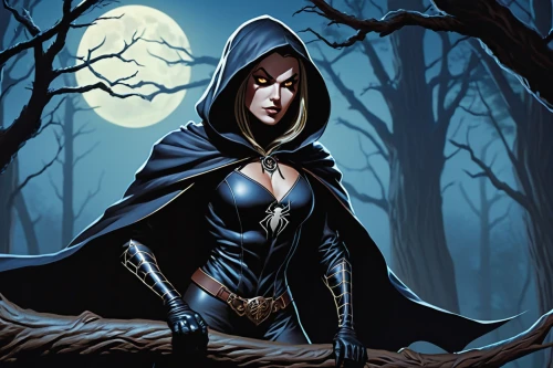 sorceress,huntress,red riding hood,blue enchantress,the enchantress,dark elf,vampire woman,gothic woman,massively multiplayer online role-playing game,halloween banner,little red riding hood,game illustration,the witch,vampire lady,celebration of witches,halloween background,swordswoman,evil woman,hooded,grimm reaper,Illustration,American Style,American Style 05