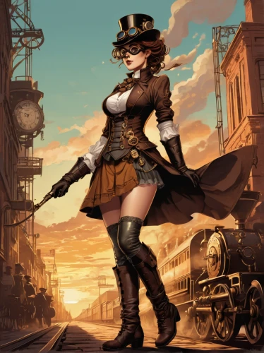 steampunk,steampunk gears,railroad engineer,victorian lady,gunfighter,victorian style,game illustration,railroad,western riding,velocipede,wild west,conductor,girl with gun,railroad crossing,the girl at the station,hatter,the victorian era,policewoman,girl with a gun,scotsman,Illustration,Japanese style,Japanese Style 06