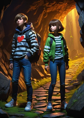 3d render,gap kids,hikers,pines,blue caves,little boy and girl,the blue caves,chasm,travelers,exploration,adventure game,cave tour,boy and girl,concept art,3d rendered,clover jackets,kids illustration,cg artwork,alpine crossing,guards of the canyon,Art,Classical Oil Painting,Classical Oil Painting 21