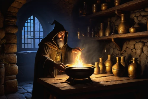 candlemaker,apothecary,tinsmith,dwarf cookin,blacksmith,shopkeeper,medieval hourglass,merchant,winemaker,metalsmith,the abbot of olib,candlemas,potter's wheel,potions,alchemy,flagon,cauldron,watchmaker,lamplighter,hearth,Art,Artistic Painting,Artistic Painting 35
