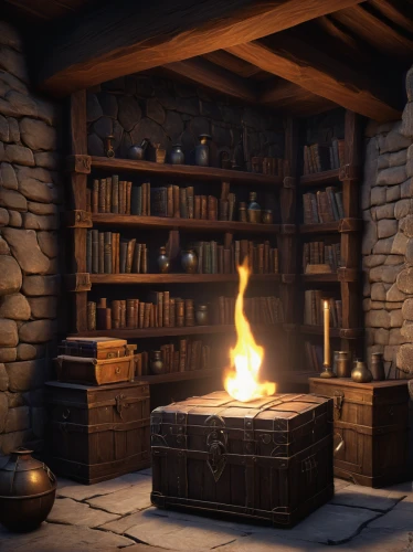 fireplaces,fireplace,wood-burning stove,hearth,fire place,wood stove,fireside,apothecary,bookshelves,collected game assets,log fire,candlemaker,stone oven,warm and cozy,christmas fireplace,forge,bookshelf,fire in fireplace,3d render,stove,Illustration,Realistic Fantasy,Realistic Fantasy 07