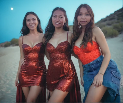 the three graces,sirens,in red dress,trio,angels,party dress,triplet lily,mermaids,camisoles,migas,three stars,see-through clothing,trash the dres,dresses,mini-dresses,leg dresses,beach background,halloween2019,halloween 2019,celtic woman