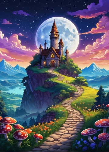 mushroom landscape,fantasy landscape,witch's house,mushroom island,cartoon video game background,fairy house,fairy village,home landscape,fantasy picture,fairy tale castle,landscape background,fairy world,fairy chimney,game illustration,magical adventure,aurora village,children's background,purple landscape,dream world,lonely house,Unique,Design,Logo Design