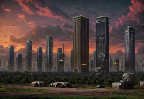 post-apocalyptic landscape,dystopian,post apocalyptic,post-apocalypse,ancient city,futuristic landscape,skyscrapers,destroyed city,human settlement,dystopia,apocalyptic,urban towers,metropolis,world digital painting,industrial landscape,skyscraper town,urbanization,fantasy city,karnak,sci fiction illustration