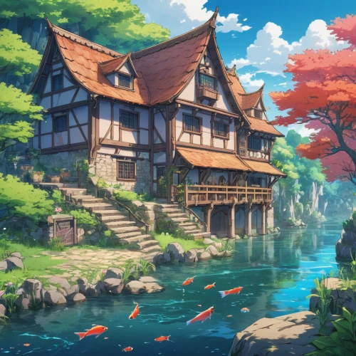 studio ghibli,house by the water,house with lake,summer cottage,fisherman's house,cottage,home landscape,fantasy landscape,house in the forest,wooden house,little house,autumn scenery,tsukemono,ancient house,house of the sea,aqua studio,wooden houses,fairy village,boathouse,idyllic,Illustration,Japanese style,Japanese Style 03