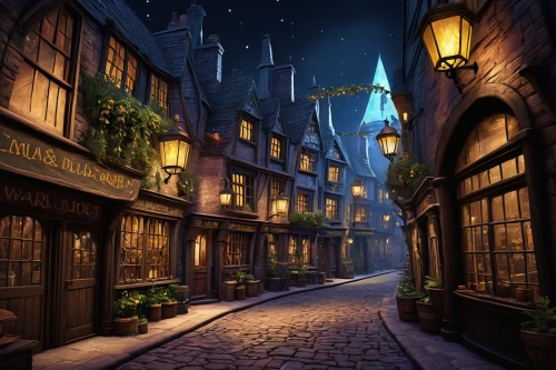 hogwarts,medieval street,the cobbled streets,fantasy city,wand,hamelin,medieval town,3d fantasy,fantasy picture,fairytale,magical adventure,beautiful buildings,fairy tale,world digital painting,old town,night image,a fairy tale,disney world,fantasy world,disneyland park,Illustration,Paper based,Paper Based 22