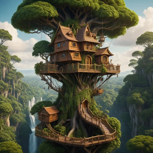 tree house,tree house hotel,treehouse,floating island,tree top,house in the forest,hanging houses,tree tops,treetop,asian architecture,flying island,bird kingdom,dragon tree,fantasy picture,fantasy art,tigers nest,floating islands,celtic tree,home landscape,treetops,Photography,General,Cinematic