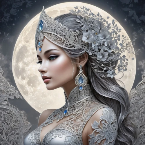 the snow queen,white rose snow queen,queen of the night,fantasy art,fantasy portrait,ice queen,blue moon rose,fantasy woman,fairy queen,moonflower,sorceress,the enchantress,fantasy picture,lady of the night,faery,filigree,suit of the snow maiden,moon phase,diadem,celtic queen,Illustration,Black and White,Black and White 03