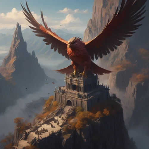 gryphon,eagles nest,fantasy picture,meteora,bird kingdom,fantasy art,world digital painting,watchtower,eagle illustration,castle of the corvin,imperial eagle,bird of prey,harp of falcon eastern,the spirit of the mountains,heroic fantasy,harpy,temple fade,eagle,owl background,bird bird kingdom,Conceptual Art,Fantasy,Fantasy 01