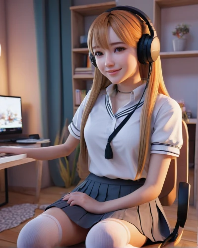 girl at the computer,listening to music,headphone,headset,dollfie,wireless headset,streaming,stream,anime girl,torekba,anime 3d,desk,realdoll,belarus byn,gamer,kawaii,ayu,koto,lan,headphones,Conceptual Art,Daily,Daily 14