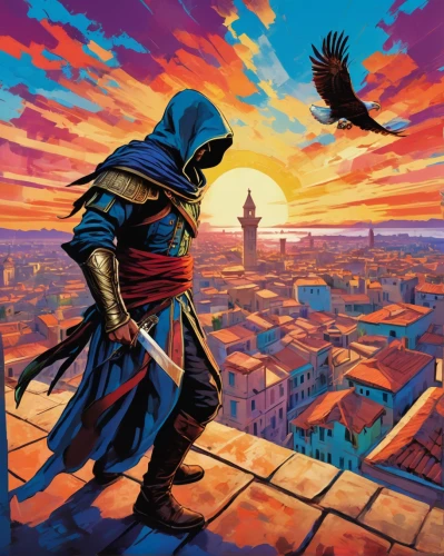 murder of crows,assassin,assassins,game illustration,city pigeon,prejmer,falconer,skycraper,capital escape,the wanderer,dusk background,guards of the canyon,crows,scythe,harp of falcon eastern,sci fiction illustration,de ville,swordsmen,pilgrim,king of the ravens,Conceptual Art,Oil color,Oil Color 25