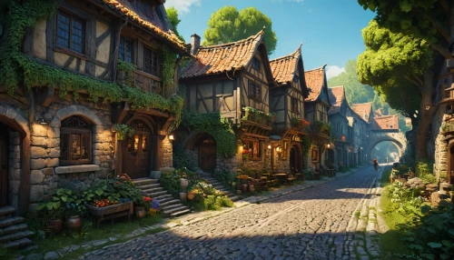 medieval street,knight village,medieval town,escher village,aurora village,alpine village,old village,tavern,old town,medieval,the old town,village street,old linden alley,wooden houses,cobblestone,medieval architecture,fairy village,villages,the cobbled streets,old quarter,Photography,General,Cinematic