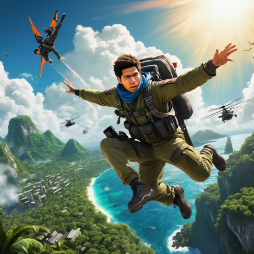 paratrooper,skydiver,parachuting,parachutist,action-adventure game,skydiving,tandem skydiving,skydive,parachute jumper,game art,paragliding-paraglider,steam release,fortnite,drone operator,adventure sports,flying island,base jumping,flying snake,flying flight,free flight,Illustration,Black and White,Black and White 23