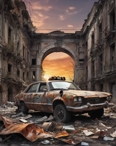 post-apocalyptic landscape,post apocalyptic,abandoned car,post-apocalypse,luxury decay,old abandoned car,apocalyptic,scrapped car,dilapidated,car recycling,scrap car,station wagon-station wagon,destroyed city,stalingrad,rust-orange,lost places,oradour sur glane,apocalypse,photo manipulation,libya,Art,Classical Oil Painting,Classical Oil Painting 01