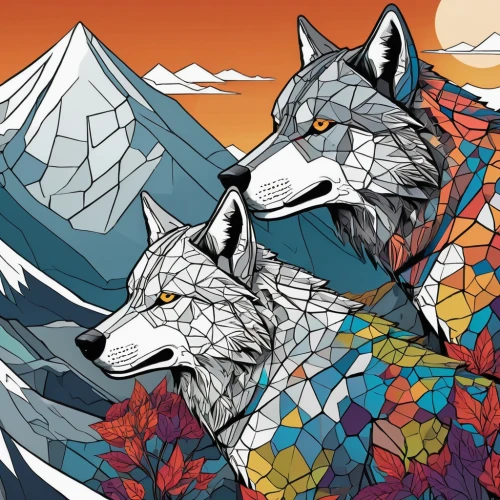 wolves,two wolves,wolf couple,tessellation,triangles background,line art animals,wolf's milk,animal icons,digital illustration,foxes,coloring for adults,kaleidoscope website,canis lupus,wolf,adobe illustrator,fox stacked animals,animal stickers,vector illustration,wolf pack,fall animals,Illustration,American Style,American Style 13