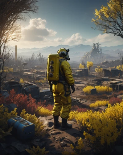 fallout4,fallout,wasteland,hazmat suit,fresh fallout,lost in war,post-apocalyptic landscape,chernobyl,terraforming,game art,combat medic,steam release,post apocalyptic,beekeeper,sulphur,yellow jacket,pripyat,autumn background,mountain rescue,yellow sky,Photography,Artistic Photography,Artistic Photography 12