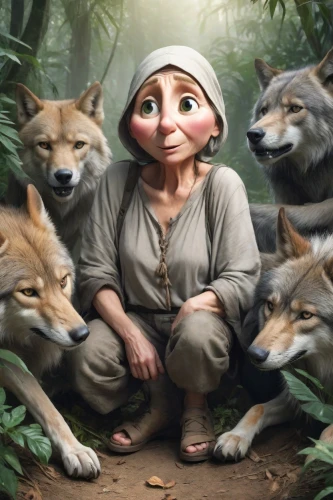 woodland animals,biblical narrative characters,pocahontas,animal film,red riding hood,laika,wolves,forest animals,arrowroot family,little red riding hood,digital compositing,villagers,anthropomorphized animals,mowgli,zookeeper,canidae,the mother and children,animal world,ninebark,russo-european laika,Photography,Realistic